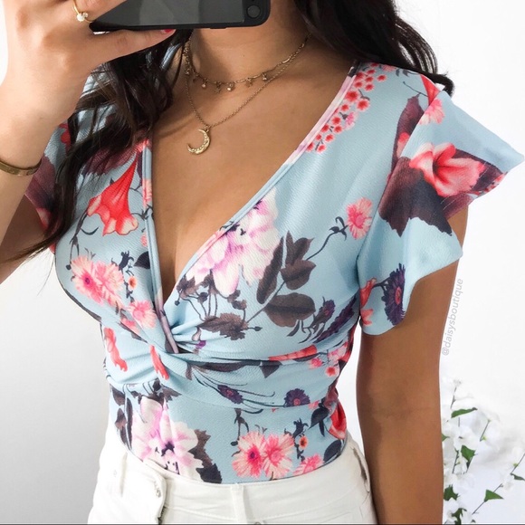 blue and pink floral twisted front ruffle bodysuit - Picture 3 of 4